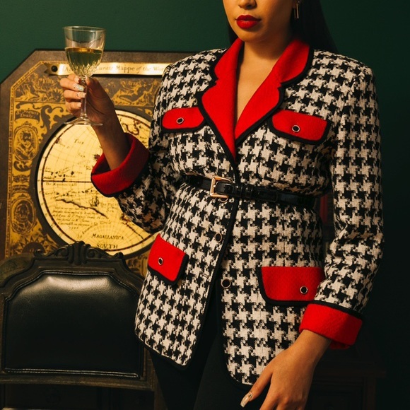 Vintage 80s Houndstooth Tweed Blazer - Picture 3 of 4